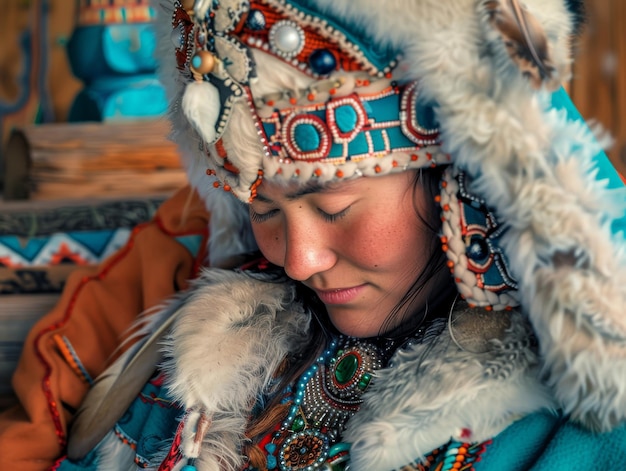 Beautiful Yakut woman in national dress turquoisered clothes beads feathers amulets Waisthigh photo