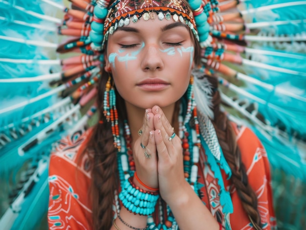 Beautiful Yakut woman in national dress turquoisered clothes beads feathers amulets Waisthigh photo