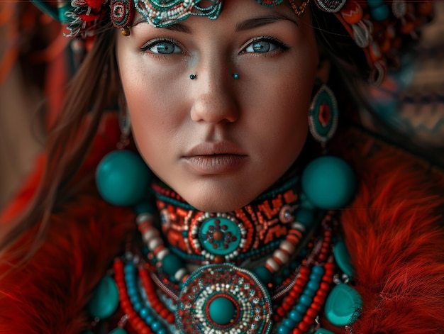 Beautiful Yakut woman in national dress turquoisered clothes beads feathers amulets Waisthigh photo