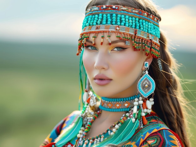 Beautiful Yakut woman in national dress turquoisered clothes beads feathers amulets Waisthigh photo