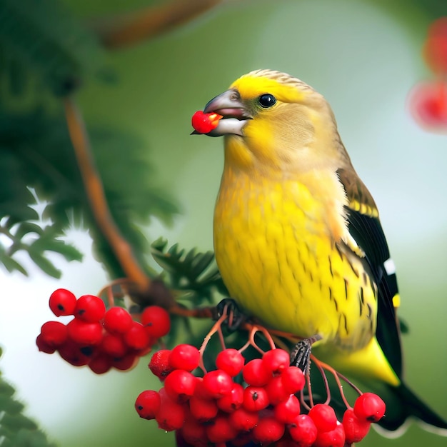 Beautiful yellow bird eating feed sitting on a branch of a tree AI Generated