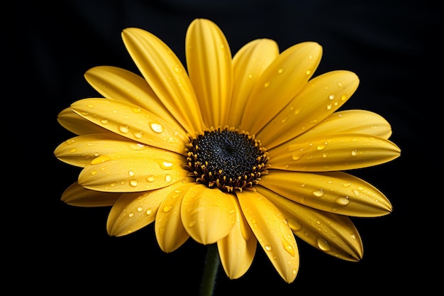 Beautiful yellow daisy in close up on black background