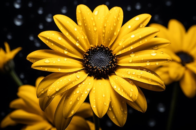 Beautiful yellow daisy in close up on black background