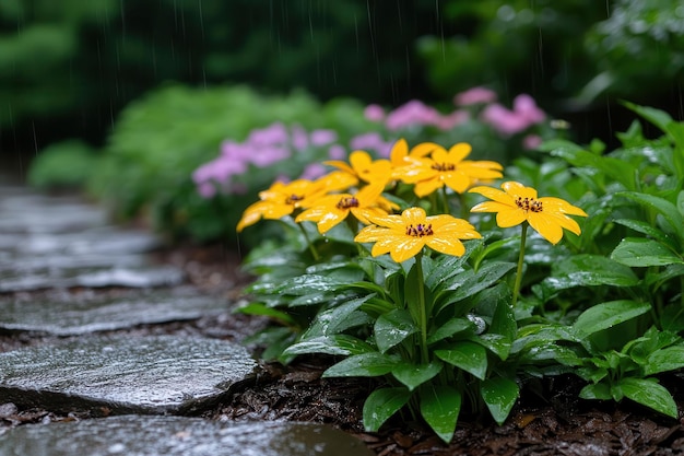 Beautiful yellow flowers bloom beside a stone path glistening with raindrops after a refreshing shower