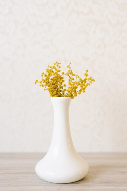 Photo a beautiful yellow mimosa flower blooms in a white porcelain vase in spring