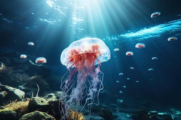 Beautiful yellow orange jellyfish illuminated by light