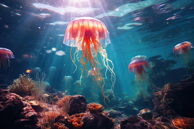 Beautiful yellow orange jellyfish illuminated by light