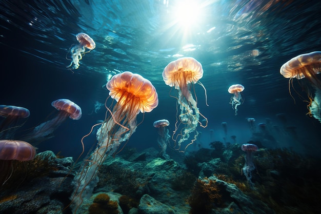 Beautiful yellow orange jellyfish illuminated by light