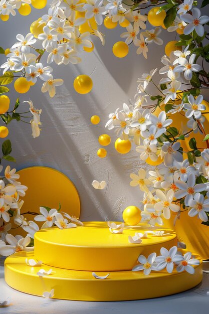 Beautiful yellow podium with white flowers and gray background in sunlight