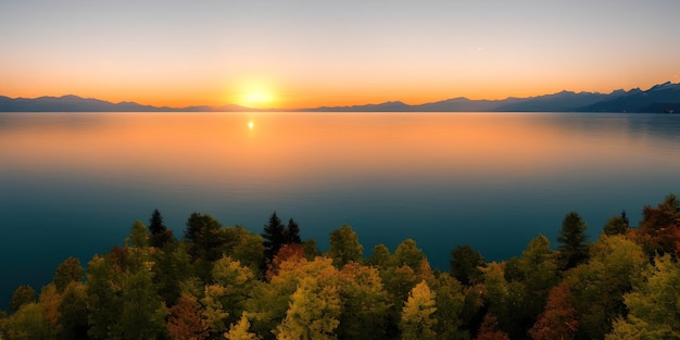 Beautiful yellow sunset over a large lake