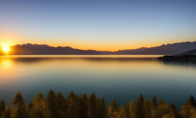 Beautiful yellow sunset over a large lake