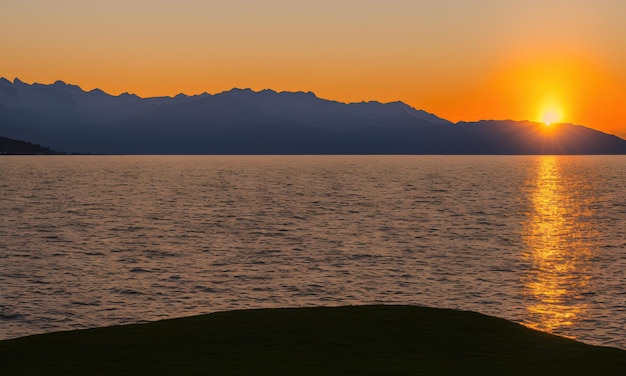 Beautiful yellow sunset over a large lake