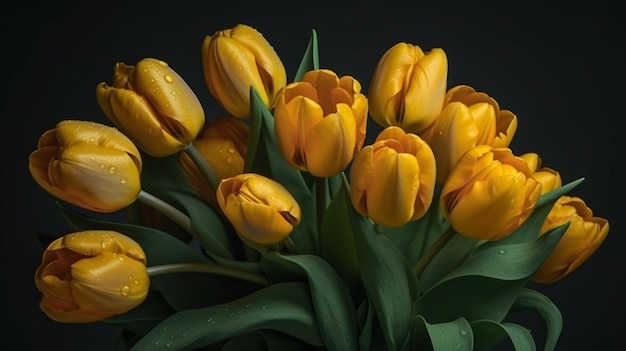 Beautiful yellow tulips on dark background Still life with tulipsgenerative ai