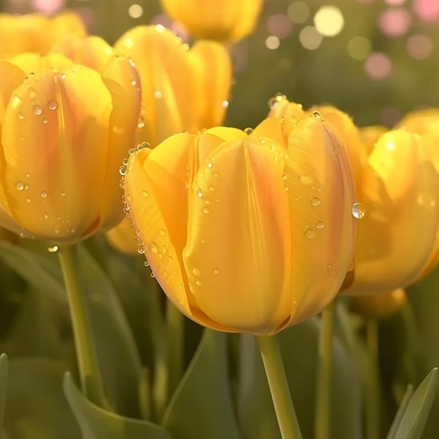 Beautiful yellow Water drops tulips flowers images Generative AI