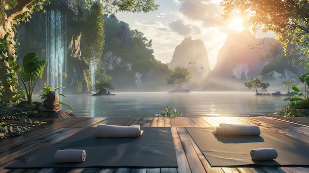 A beautiful yoga platform with a view of the lake and mountains