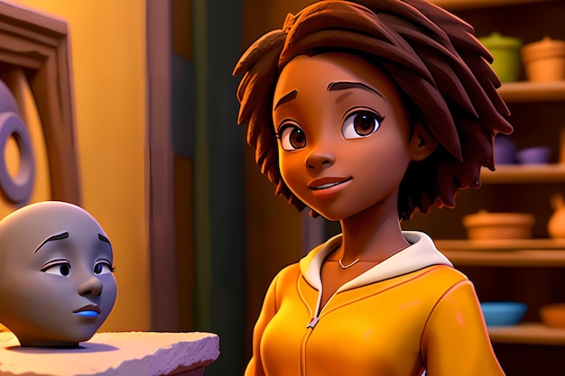 Beautiful young African American girl works as a sculptor with clay and stone