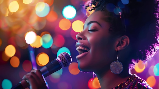 Beautiful young African American woman singing with microphone on stage with colorful blurred lights in the background