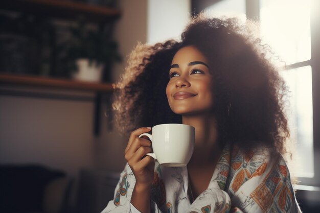 Beautiful young African American woman smells coffee and enjoys a sunny morning at home