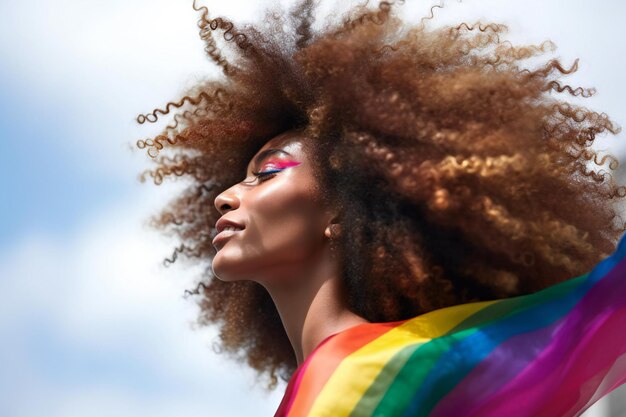 Beautiful young african american woman with curly hair and rainbow flag on her head against blue sky