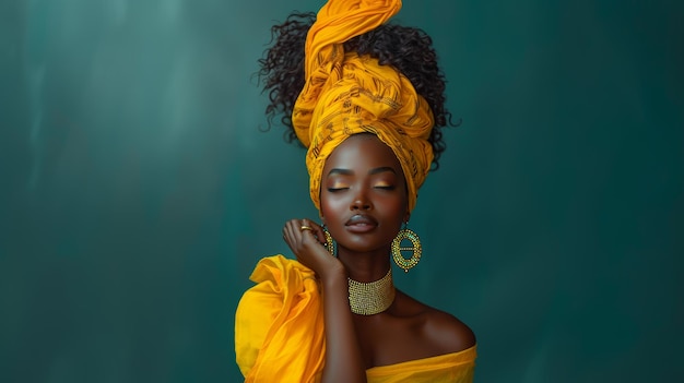 Beautiful Young African Woman Posing in Studio Wearing Yellow Headwrap and Jewelry