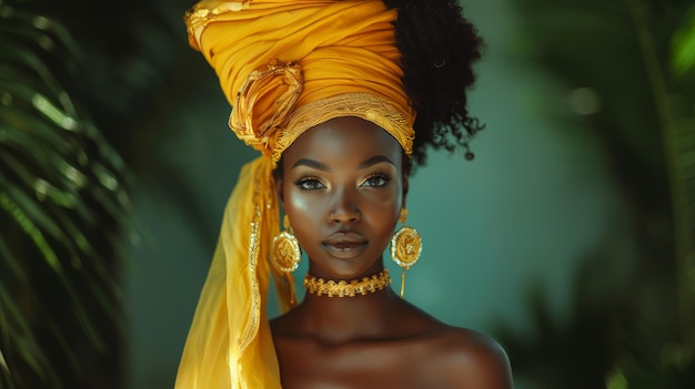 Beautiful Young African Woman Posing in Studio with Elegant Yellow Headwrap and Earrings