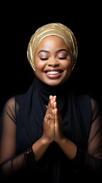 Beautiful young african woman wearing hijab praying with hands together and smile black background