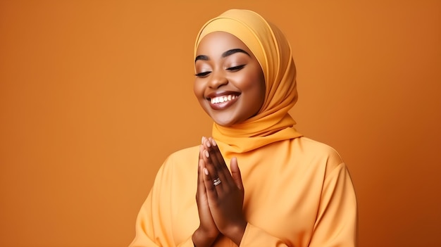 Beautiful young african woman wearing hijab praying with hands together and smile brown background