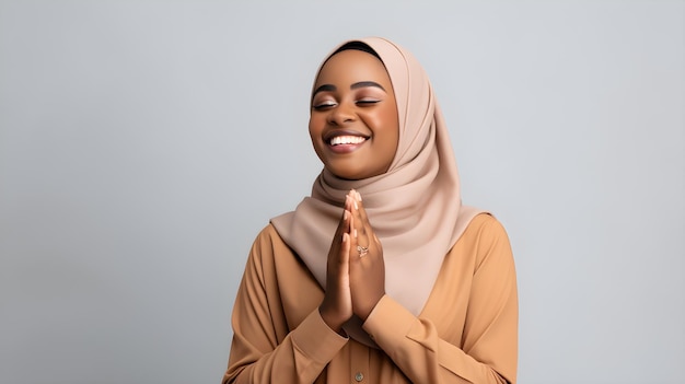 Beautiful young african woman wearing hijab praying with hands together and smile grey background