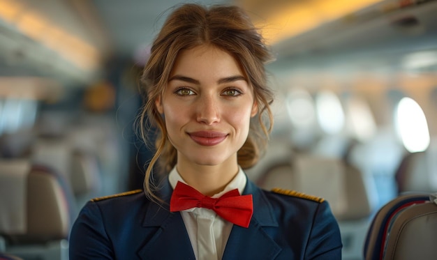 Photo beautiful young air hostess in uniform is standing in the airplane