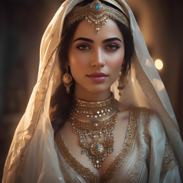 Beautiful young Arabian woman in a traditional white dress