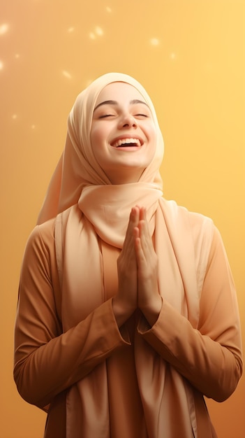 Beautiful young arabic woman wearing hijab praying with hands together and smile yellow background