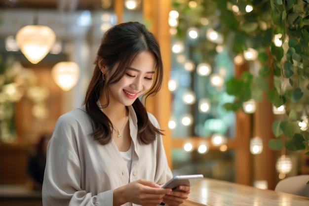 Beautiful Young Asian Business Entrepreneur Wearing Casual Mobile Phone for Online Shopping Enjoying Social Media and Laptop at Home Starting a Small Business Online Banking