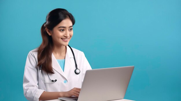 Beautiful young Asian girl doctor with a laptop for records isolated on a blue background