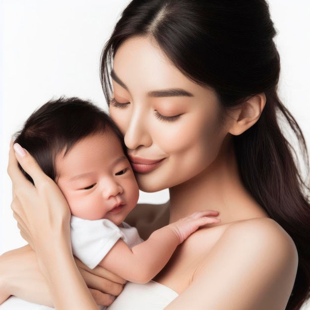 a beautiful young asian mother holding her newborn baby child and hugs and kisses him ai generative