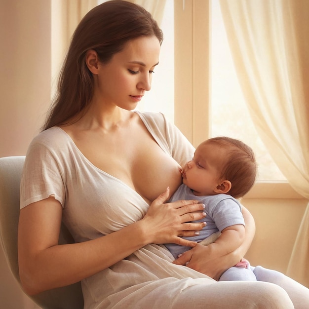 Beautiful young asian woman holding her baby in her arms while standing