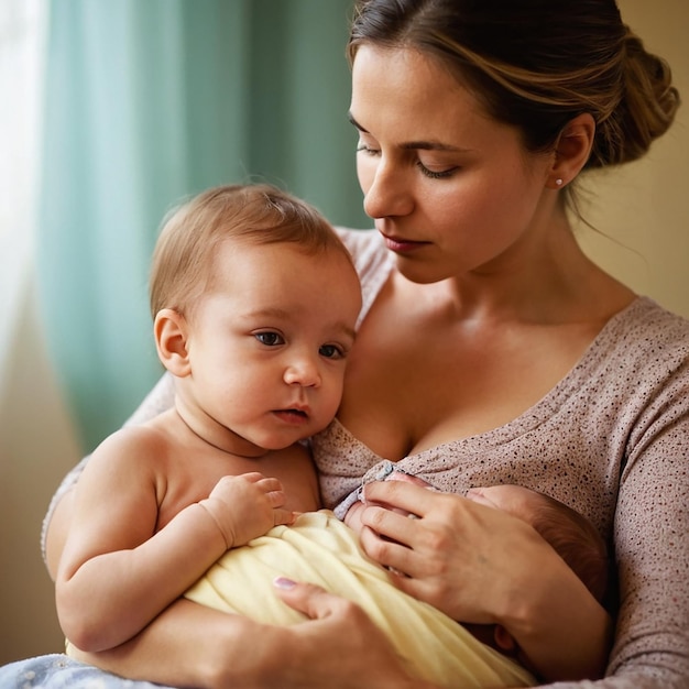 Beautiful young asian woman holding her baby in her arms while standing