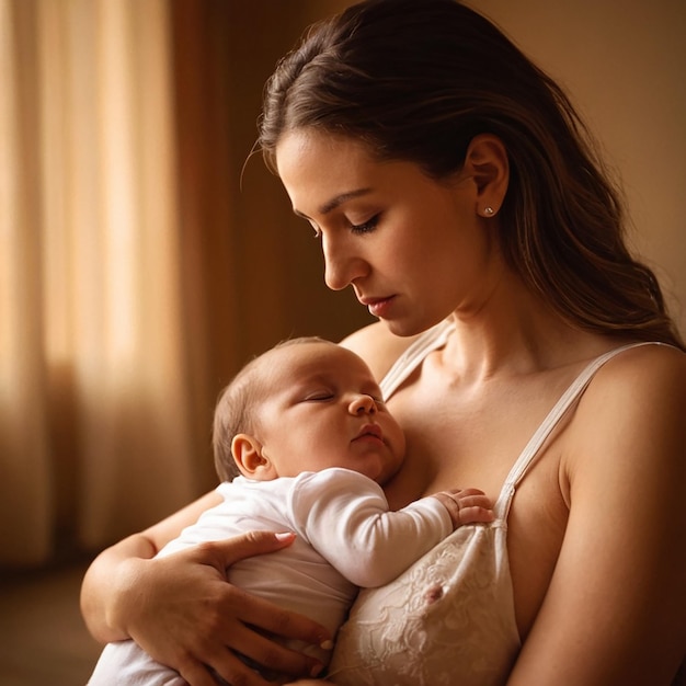 Beautiful young asian woman holding her baby in her arms while standing