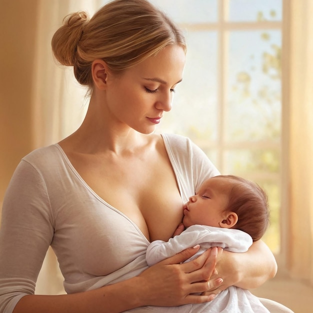 Beautiful young asian woman holding her baby in her arms while standing