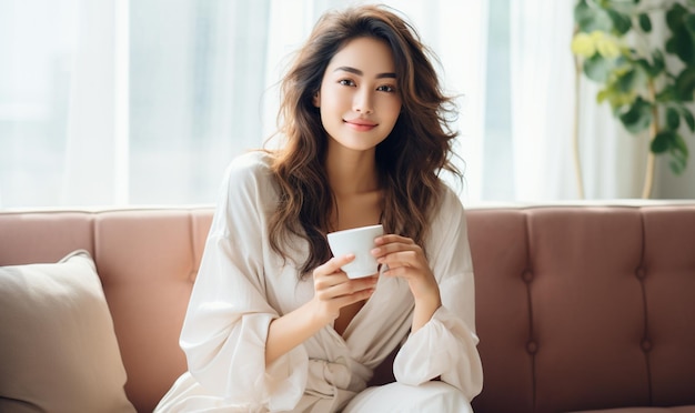 Beautiful young asian woman sitting on sofa and enjoying first morning coffee on sunshine