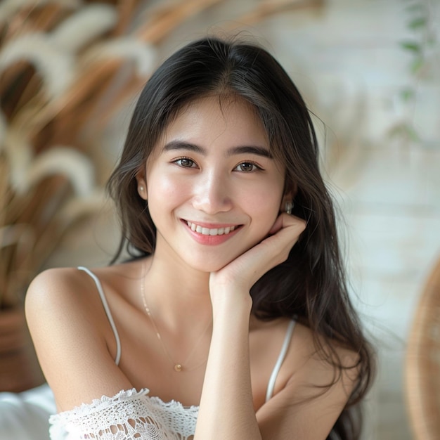 Beautiful young Asian woman smiling and cheerful