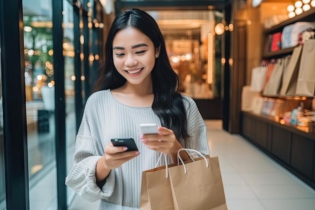 Beautiful young asian woman using laptop or smart mobile cell phone for shopping online on sofa