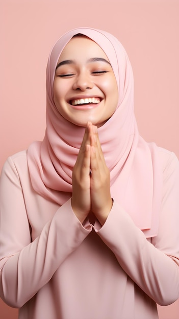 Beautiful young asian woman wearing hijab praying with hands together and smile pink background