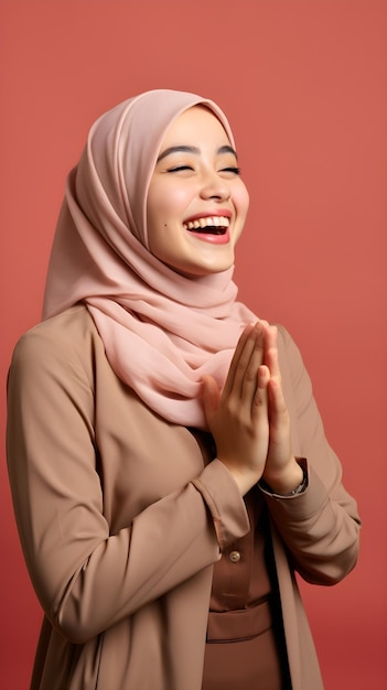 Beautiful young asian woman wearing hijab praying with hands together and smile red background