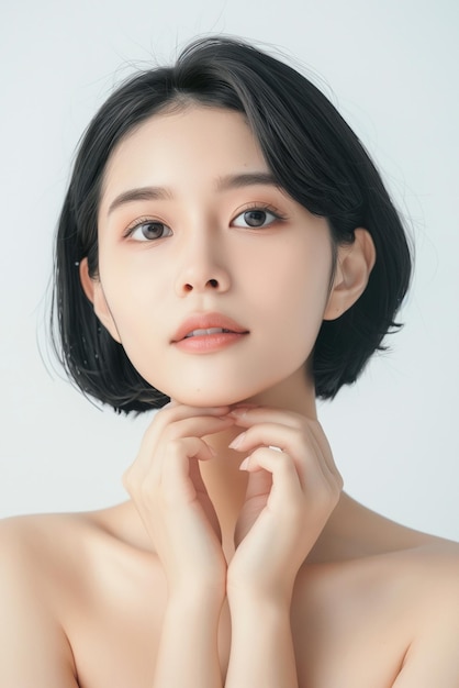 Beautiful young asian woman with clean fresh skin on white background AI Generative