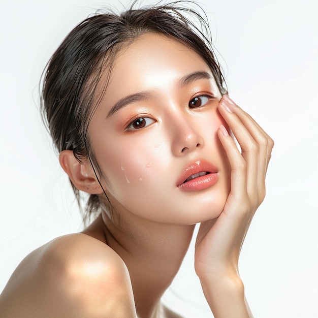 Beautiful Young asian Woman with Clean Fresh Skin on white background Face care Facial treatment Cosmetology beauty and spa Asian women portrait