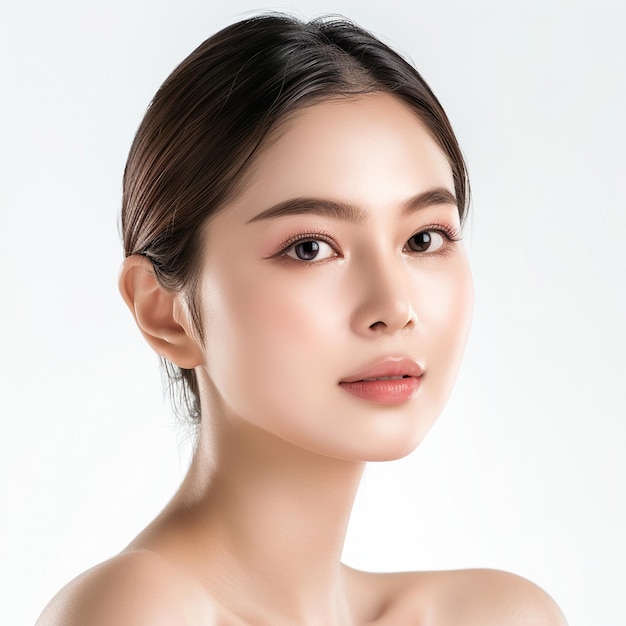 Beautiful Young asian Woman with Clean Fresh Skin on white background Face care Facial treatment