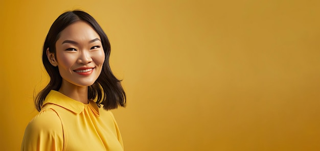 Beautiful young Asian woman with trendy outfit over isolated yellow background Generative AI