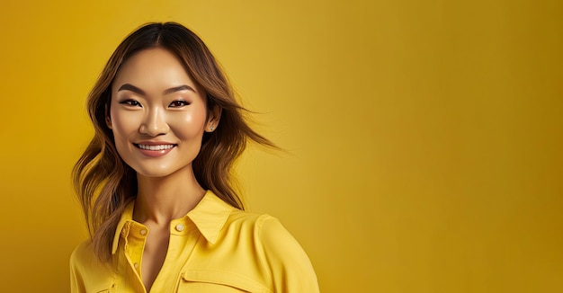 Beautiful young Asian woman with trendy outfit over isolated yellow background Generative AI