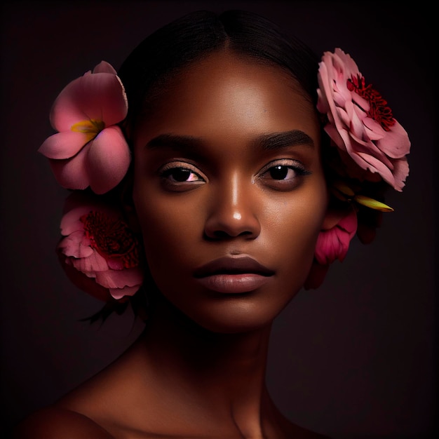 Beautiful young black woman portrait flowers created by Generative AI technology