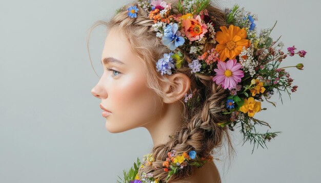 Photo beautiful young blonde woman posing with flowers in hair looking away from camera